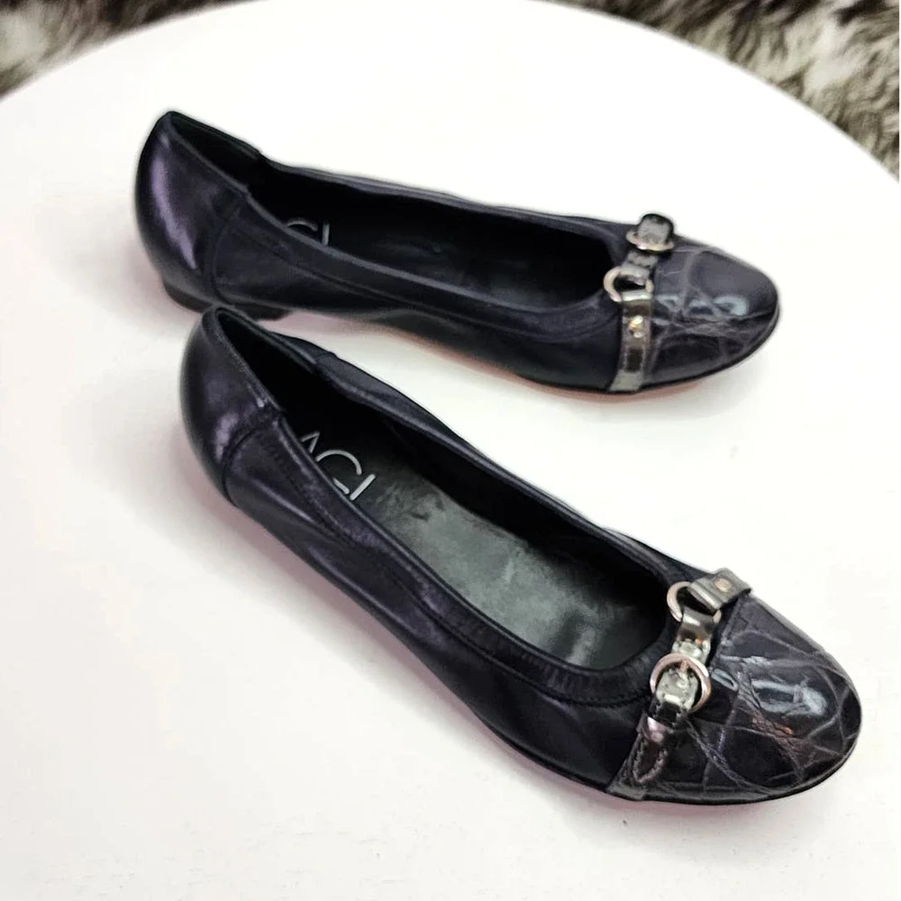 AGL Monika Cap Toe Ballet Flat in Carbon Night Coal Navy Croc Embossed Flats